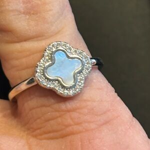 Elegant Silver White Opal clover and CZ ring